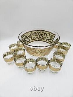 Mid Century Culver Glass Toledo Punch Bowl With 12 Cups Gold Vintage Set