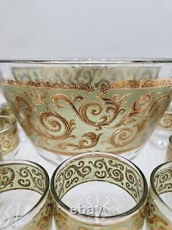 Mid Century Culver Glass Toledo Punch Bowl With 12 Cups Gold Vintage Set