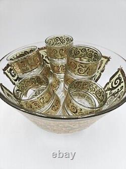 Mid Century Culver Glass Toledo Punch Bowl With 12 Cups Gold Vintage Set