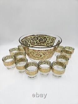 Mid Century Culver Glass Toledo Punch Bowl With 12 Cups Gold Vintage Set