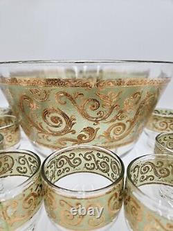 Mid Century Culver Glass Toledo Punch Bowl With 12 Cups Gold Vintage Set