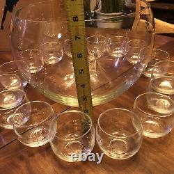 Mid Century Modern Crystal Atomic Starburst Punch Bowl Set Bowl + 16 Glasses