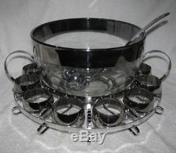 Mid Century Modern Dorothy Thorpe Roly Poly Glass Silver Band Punch Bowl & Cups
