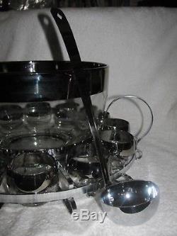 Mid Century Modern Dorothy Thorpe Roly Poly Glass Silver Band Punch Bowl & Cups