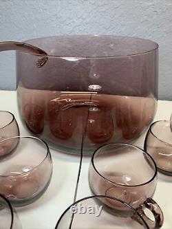 Mid Century Modern Glass Amethyst Purple Punch Bowl Set With Rare Matching Ladle