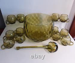 Mid Century Modern Murano Green Glass Punch Bowl Set 14 pcs