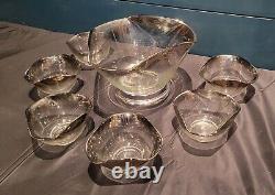 Mid Century Modern Vintage Glass Punchbowl Set W 6 Drinking Glasses 1970s Silver