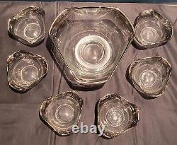 Mid Century Modern Vintage Glass Punchbowl Set W 6 Drinking Glasses 1970s Silver
