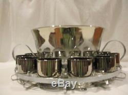 Mid Century Silver Fade Complete Punch Bowl Set Dorothy Thorpe Vintage Retro 15p