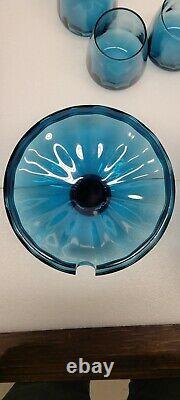 Mid century italian blue Glass Punch Bowl With 7 Cups