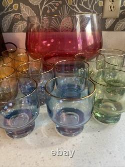 Midcentury Modern BARWARE Iridescent Ombré Punch Bowl Glasses Set