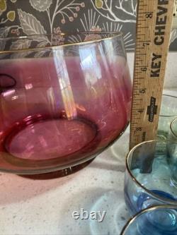 Midcentury Modern BARWARE Iridescent Ombré Punch Bowl Glasses Set