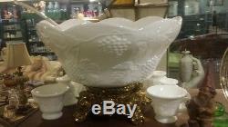 Milk Glass PUNCH BOWL SET with 12 Cups, Paneled Grape pattern