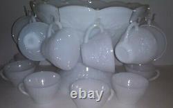 Milk Glass Punch Bowl, Cups withEmbossed Grapes & Leaves -Original Box