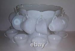 Milk Glass Punch Bowl, Cups withEmbossed Grapes & Leaves -Original Box