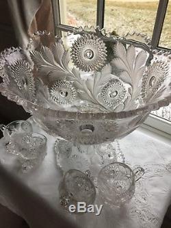 Millersburg Frosted Hobstar and Feather Punch Bowl Set, Bowl + Base + 12 Cups