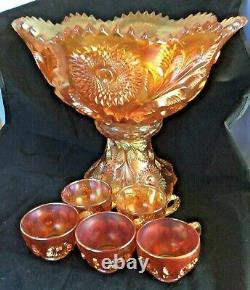 Millersburg Marigold Hobstar and Feather Carnival Glass 7 piece Punch Set