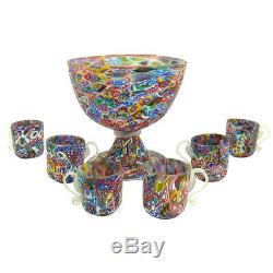 Miniature Millefiori Glass Punch Bowl with Six Small Cups