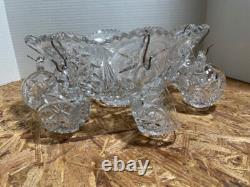 Mint Condition Heavy Cut Glass Antique Punch Bowl with 8 Cups