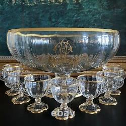 Moser Art Glass Large Punch Bowl Set Quatrefoil Gilded Incredible Bell Tone