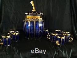 Moser Cabochon Glass Set, Punch Bowl & 10 Cups, Dark Blue Glass With Gold