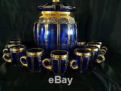 Moser Cabochon Glass Set, Punch Bowl & 10 Cups, Dark Blue Glass With Gold