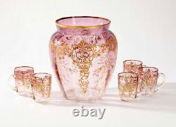 Moser Gilded Punch Bowl or Vase and Five Glasses Signed