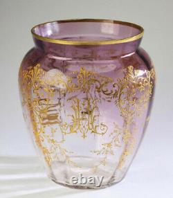 Moser Gilded Punch Bowl or Vase and Five Glasses Signed