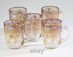 Moser Gilded Punch Bowl or Vase and Five Glasses Signed