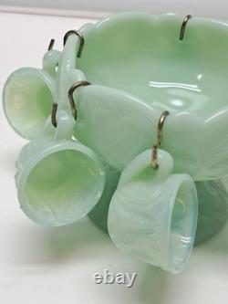 Mosser Jadite Color Custard Glass Mini Punch Bowl with6 Mini Cups