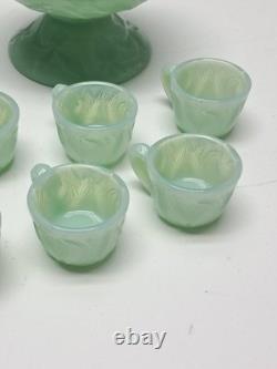 Mosser Jadite Color Custard Glass Mini Punch Bowl with6 Mini Cups