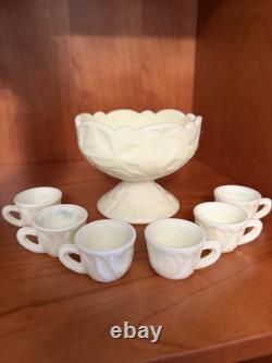 Mosser Uranium Custard Glass Inverted Strawberry Mini Punch Bowl & 6 Mini Cups