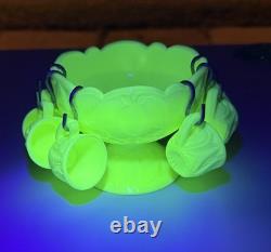 Mosser Uranium Custard Glass Mini Punch Bowl with6 Mini Cups GLOW Strawberry