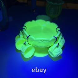 Mosser Uranium Custard Glass Mini Punch Bowl with6 Mini Cups GLOW Strawberry