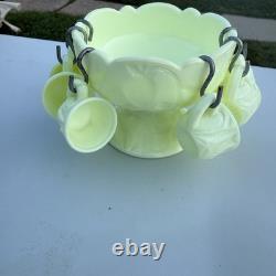 Mosser Uranium Custard Glass Mini Punch Bowl with6 Mini Cups GLOW Strawberry