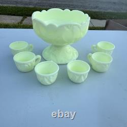 Mosser Uranium Custard Glass Mini Punch Bowl with6 Mini Cups GLOW Strawberry