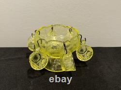 Mosser Uranium Vaseline Glass Mini Punch Bowl with6 Mini Cups