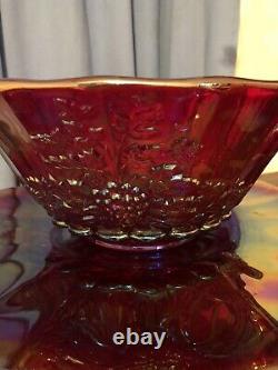 Mosser red carnival punch bowl, under tray, ladle, 8 cups