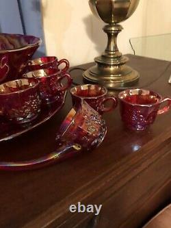 Mosser red carnival punch bowl, under tray, ladle, 8 cups