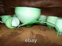 Murano Carlo Moretti 8 Pc GORGEOUS Green & White Cased Glass Punch Bowl Set OOAK