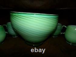 Murano Carlo Moretti 8 Pc GORGEOUS Green & White Cased Glass Punch Bowl Set OOAK