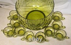 Murano Empoli Italian Handblown Green Glass Punch Bowl & 11 Cups Coindot