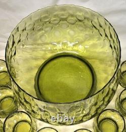 Murano Empoli Italian Handblown Green Glass Punch Bowl & 11 Cups Coindot