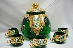 Murano Green Glass with Gold Italian Punch Bowl Set Bowl Ladle 5 Cups M4433