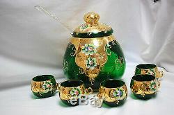 Murano Green Glass with Gold Italian Punch Bowl Set Bowl Ladle 5 Cups M4433