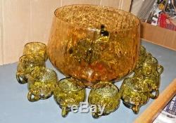 Murano Italy 1960's Hand Blown Glass Green Punch Bowl Set 12 Cups Ladle Marked