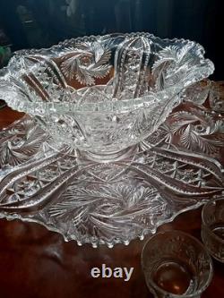 NEW Vintage LE SMITH Pinwheel Glass Punch Bowl, 12 Cups & Ladle BOXED! Db