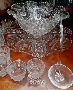 NEW Vintage LE SMITH Pinwheel Glass Punch Bowl, 12 Cups & Ladle BOXED! Db