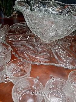 NEW Vintage LE SMITH Pinwheel Glass Punch Bowl, 12 Cups & Ladle BOXED! Db
