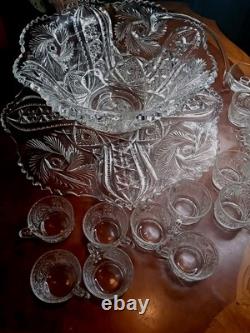 NEW Vintage LE SMITH Pinwheel Glass Punch Bowl, 12 Cups & Ladle BOXED! Db